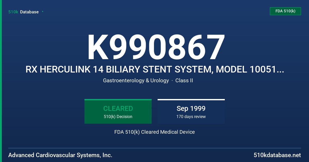 K990867 RX HERCULINK 14 BILIARY STENT SYSTEM, MODEL 1005126-18,1005128-18,1005130-18,1005132-18,1005134-18,1005136-18,1005138-18 FDA 510(k) Cleared Medical Device