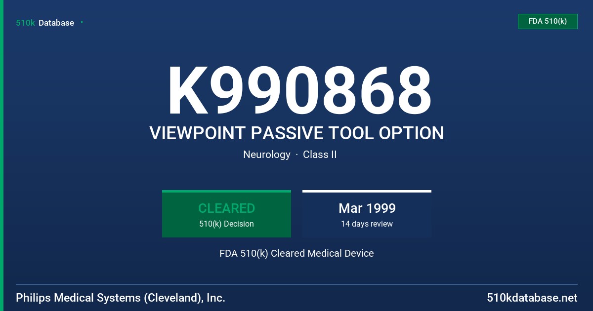 K990868 VIEWPOINT PASSIVE TOOL OPTION FDA 510(k) Cleared Medical Device