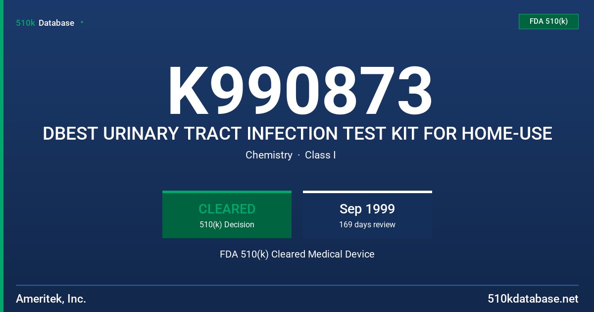 K990873 DBEST URINARY TRACT INFECTION TEST KIT FOR HOME-USE FDA 510(k) Cleared Medical Device