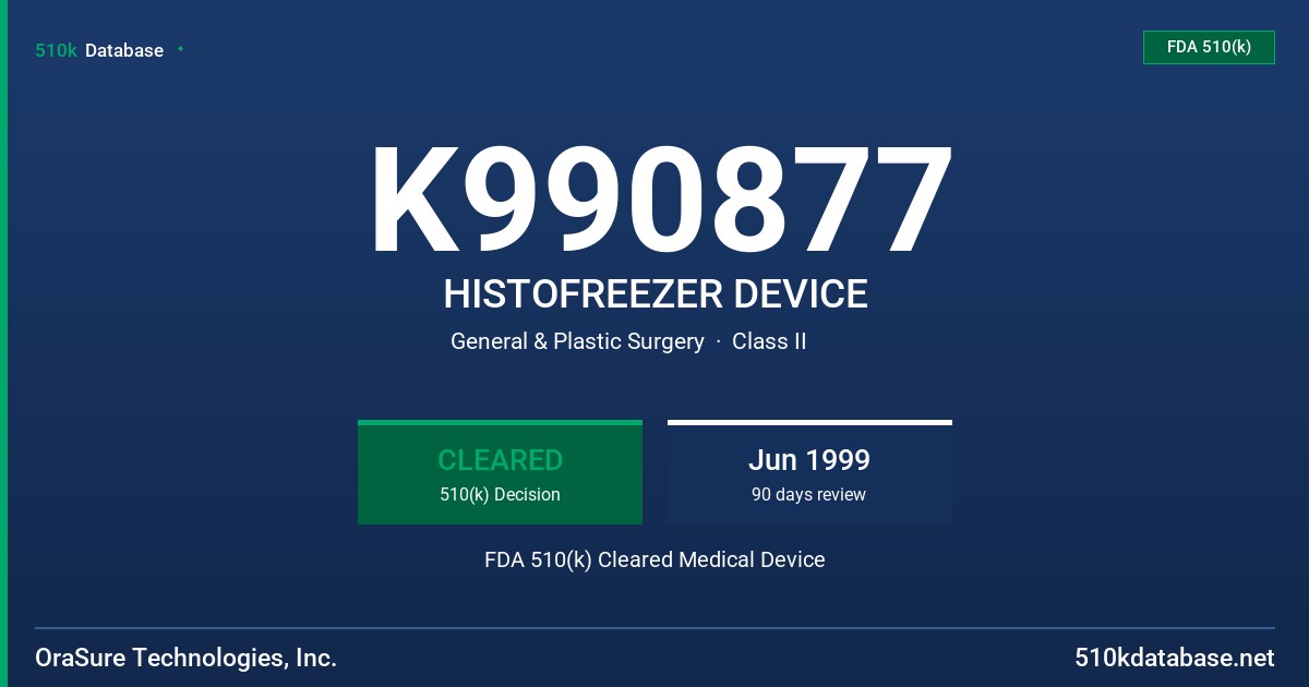 K990877 HISTOFREEZER DEVICE FDA 510(k) Cleared Medical Device