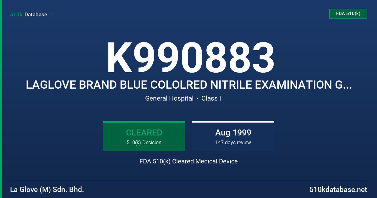 K990883 LAGLOVE BRAND BLUE COLOLRED NITRILE EXAMINATION GLOVE (POWDERED) FDA 510(k) Cleared Medical Device