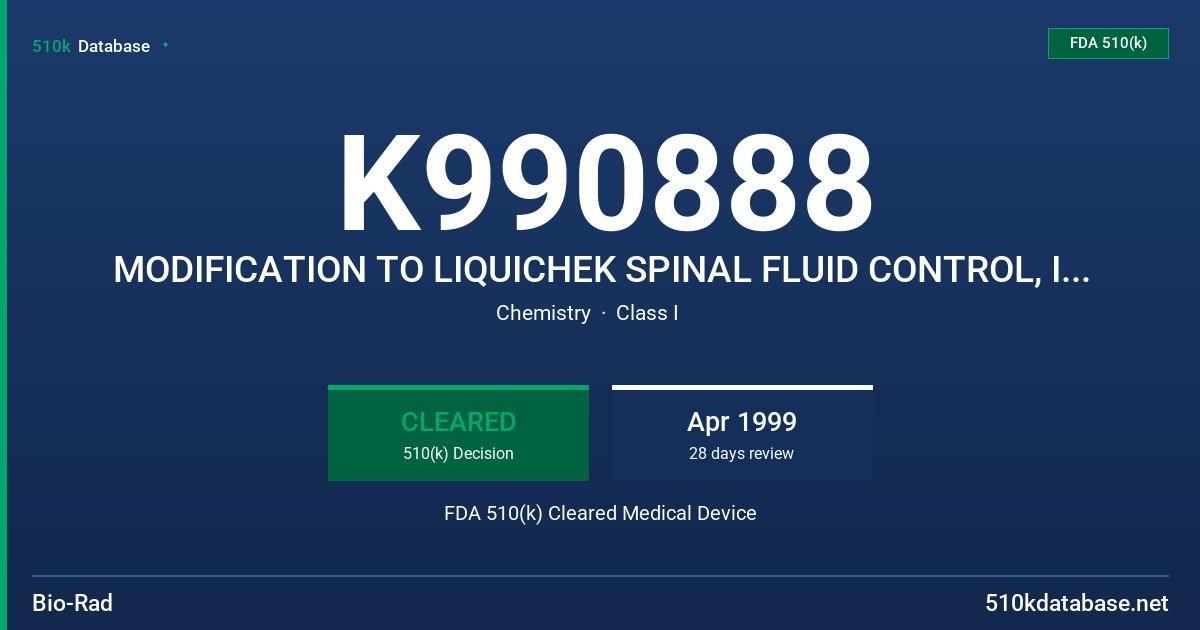 K990888 MODIFICATION TO LIQUICHEK SPINAL FLUID CONTROL, ITEM NOS. 751, 752 FDA 510(k) Cleared Medical Device