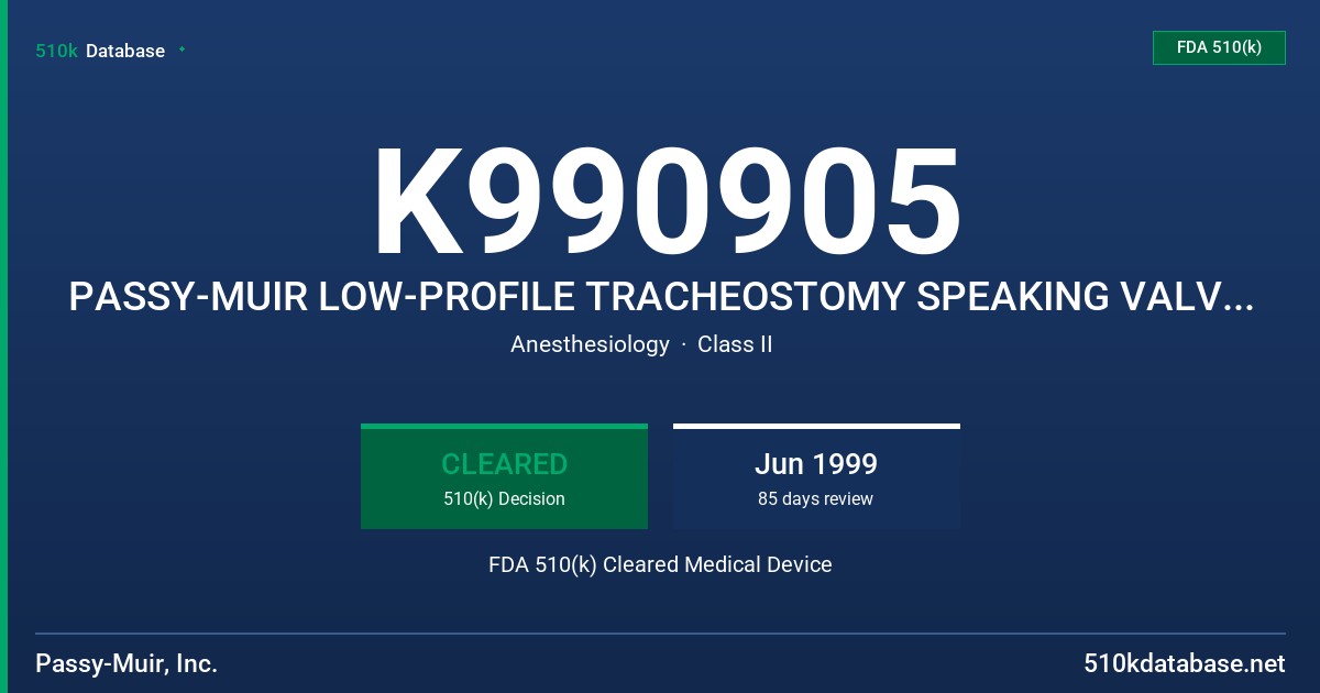 K990905 PASSY-MUIR LOW-PROFILE TRACHEOSTOMY SPEAKING VALVE PMV 2020 (CLEAR) JIT FDA 510(k) Cleared Medical Device