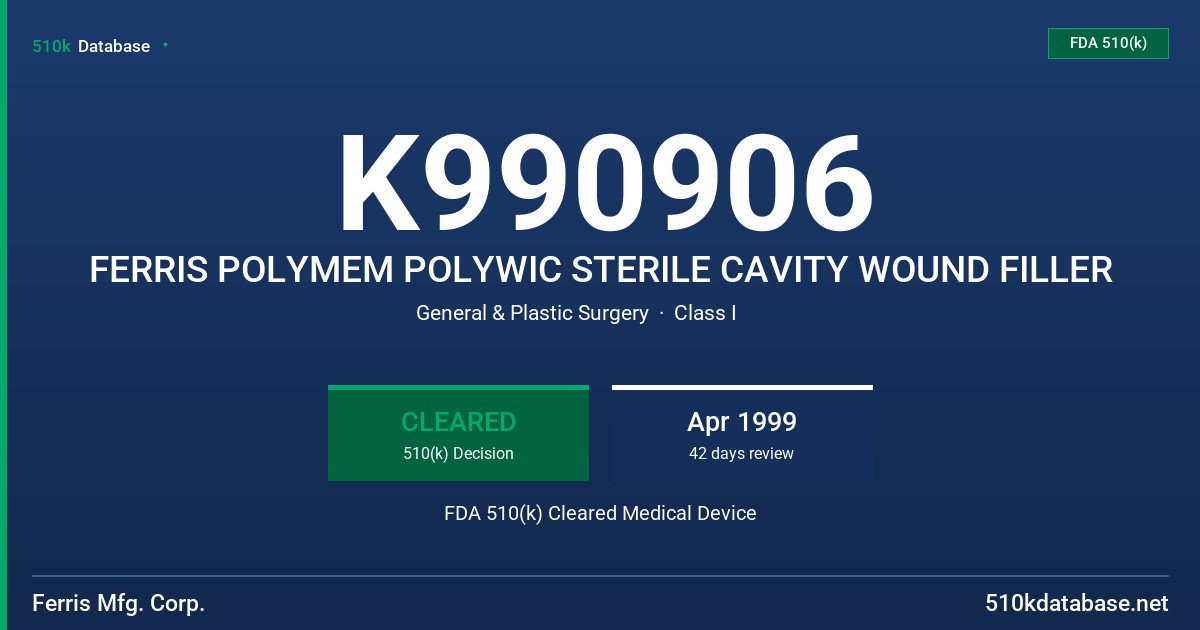K990906 FERRIS POLYMEM POLYWIC STERILE CAVITY WOUND FILLER FDA 510(k) Cleared Medical Device