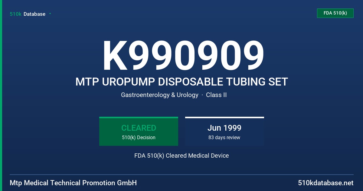 K990909 MTP UROPUMP DISPOSABLE TUBING SET FDA 510(k) Cleared Medical Device