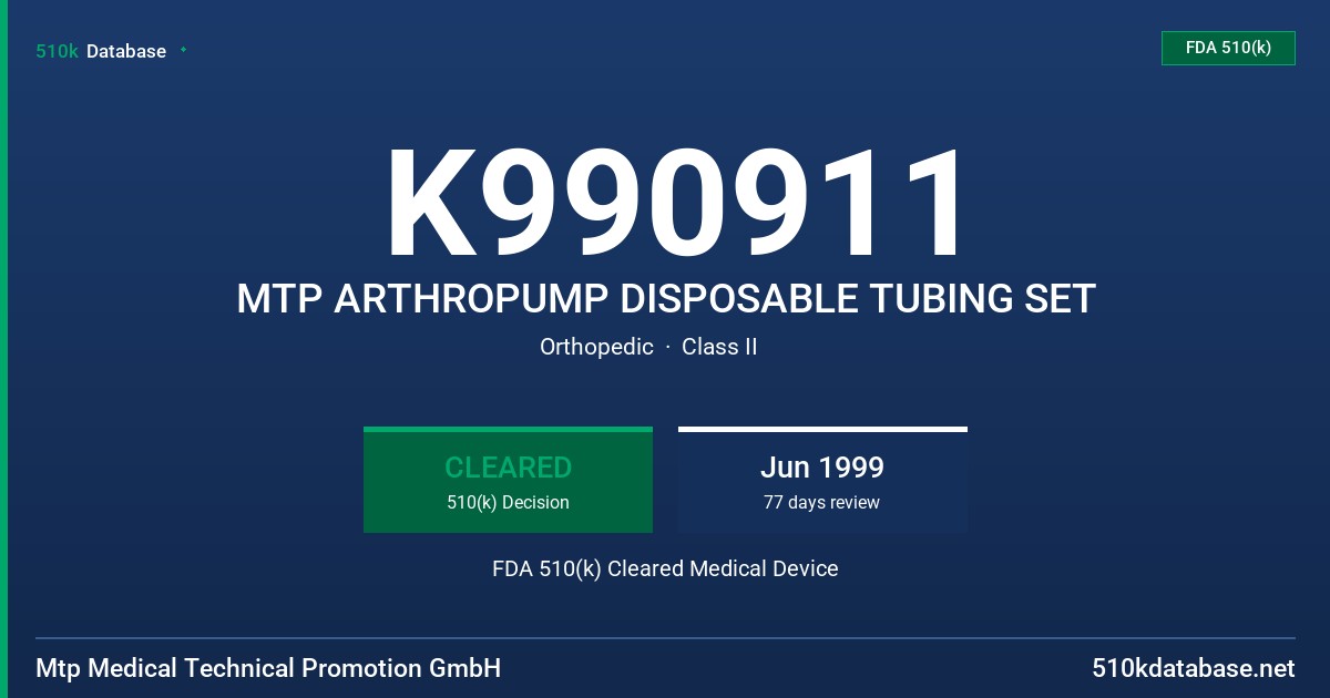 K990911 MTP ARTHROPUMP DISPOSABLE TUBING SET FDA 510(k) Cleared Medical Device