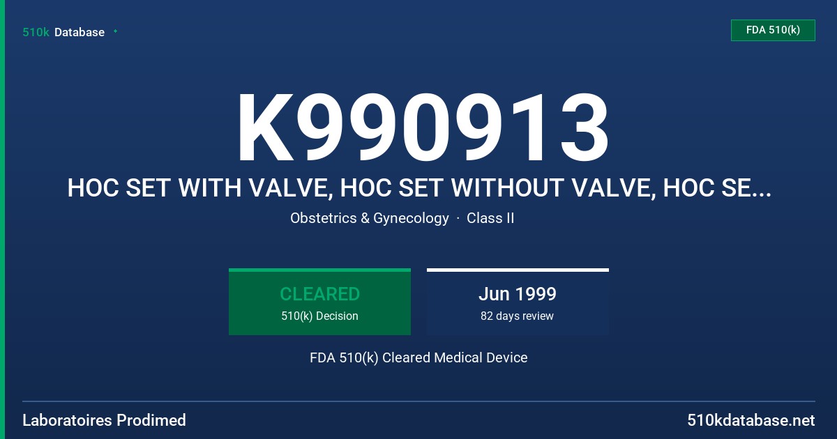 K990913 HOC SET WITH VALVE, HOC SET WITHOUT VALVE, HOC SET WITH VALVE - SOFT PLUG, HOC SET WITHOUT VALVE - SOFT PLUG, OPS WITHOU FDA 510(k) Cleared Medical Device