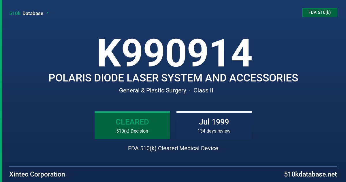 K990914 POLARIS DIODE LASER SYSTEM AND ACCESSORIES FDA 510(k) Cleared Medical Device
