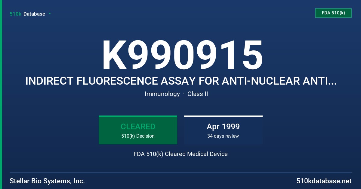 K990915 INDIRECT FLUORESCENCE ASSAY FOR ANTI-NUCLEAR ANTIBODIES IGG ANTIBODY FDA 510(k) Cleared Medical Device