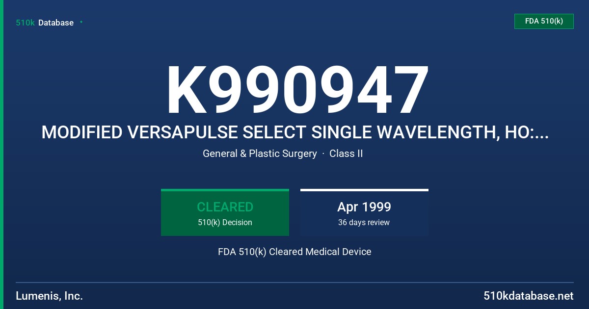 K990947 MODIFIED VERSAPULSE SELECT SINGLE WAVELENGTH, HO: YAG AND DUAL WAVELENGTH, HO: YAG/ND: YAG SURGICAL LASERS AND  DELIVERY FDA 510(k) Cleared Medical Device