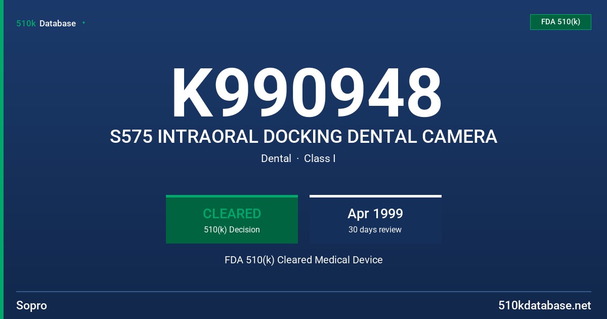 K990948 S575 INTRAORAL DOCKING DENTAL CAMERA FDA 510(k) Cleared Medical Device