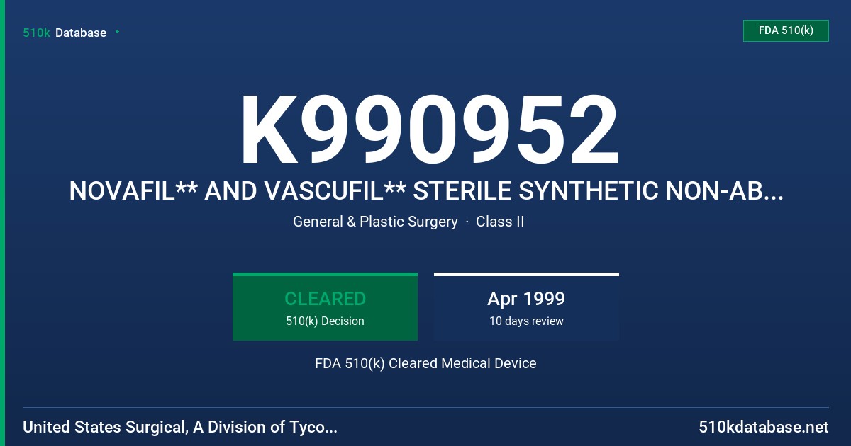 K990952 NOVAFIL** AND VASCUFIL** STERILE SYNTHETIC NON-ABSORBABLE SUTURES FDA 510(k) Cleared Medical Device