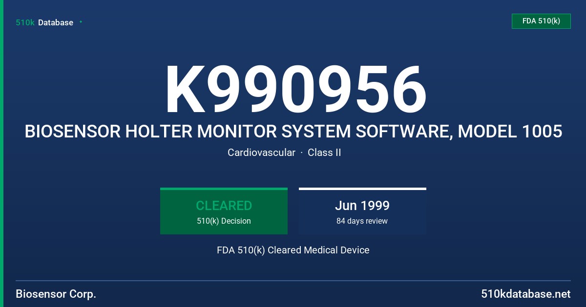 K990956 BIOSENSOR HOLTER MONITOR SYSTEM SOFTWARE, MODEL 1005 FDA 510(k) Cleared Medical Device