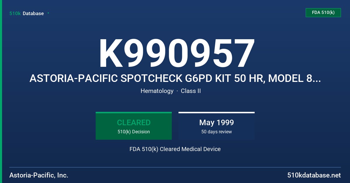 K990957 ASTORIA-PACIFIC SPOTCHECK G6PD KIT 50 HR, MODEL 80-3000-13K FDA 510(k) Cleared Medical Device