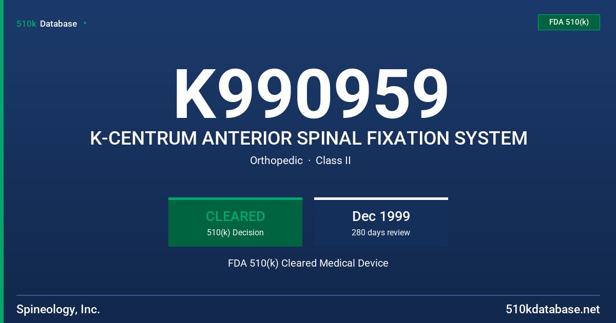 K990959 K-CENTRUM ANTERIOR SPINAL FIXATION SYSTEM FDA 510(k) Cleared Medical Device