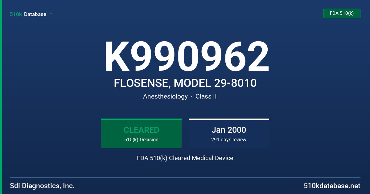 K990962 FLOSENSE, MODEL 29-8010 FDA 510(k) Cleared Medical Device