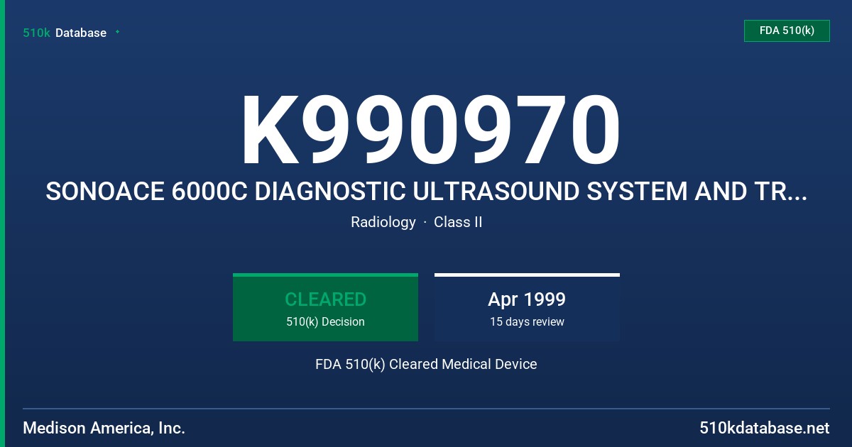K990970 SONOACE 6000C DIAGNOSTIC ULTRASOUND SYSTEM AND TRANSDUCERS, ALSO CALLED ULTRASOUND SYSTEM AND TRANSDUCERS FDA 510(k) Cleared Medical Device