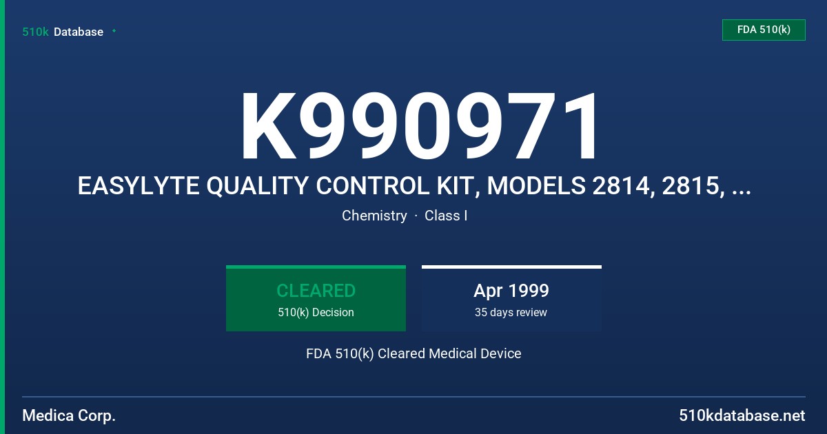 K990971 EASYLYTE QUALITY CONTROL KIT, MODELS 2814, 2815, 2816 FDA 510(k) Cleared Medical Device