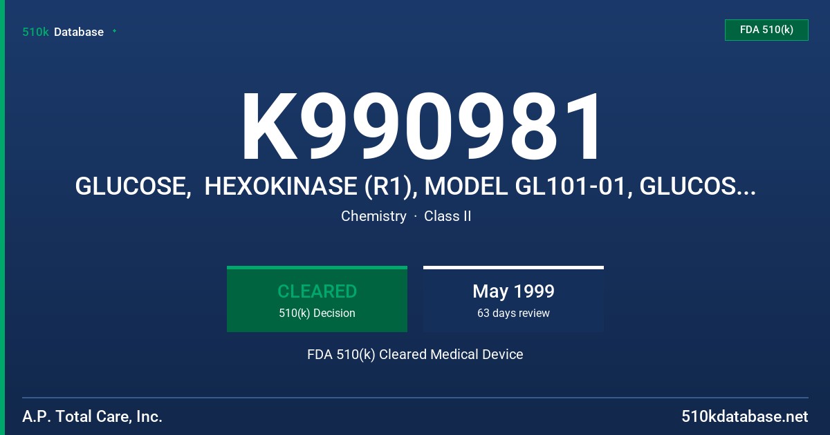 K990981 GLUCOSE,  HEXOKINASE (R1), MODEL GL101-01, GLUCOSE HEXOKINASE (R2), MODEL GL101-02 FDA 510(k) Cleared Medical Device