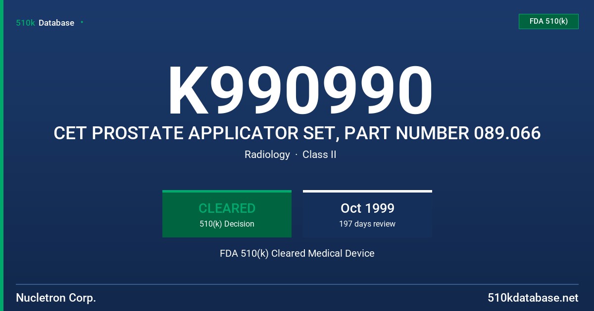 K990990 CET PROSTATE APPLICATOR SET, PART NUMBER 089.066 FDA 510(k) Cleared Medical Device