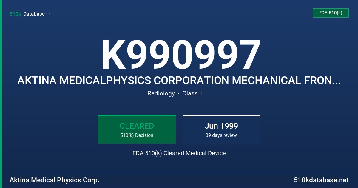 K990997 AKTINA MEDICALPHYSICS CORPORATION MECHANICAL FRONTPOINTER FDA 510(k) Cleared Medical Device
