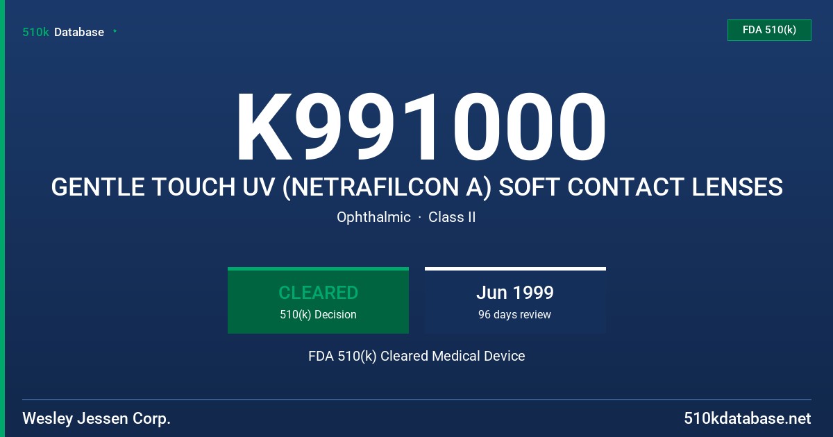 K991000 GENTLE TOUCH UV (NETRAFILCON A) SOFT CONTACT LENSES FDA 510(k) Cleared Medical Device
