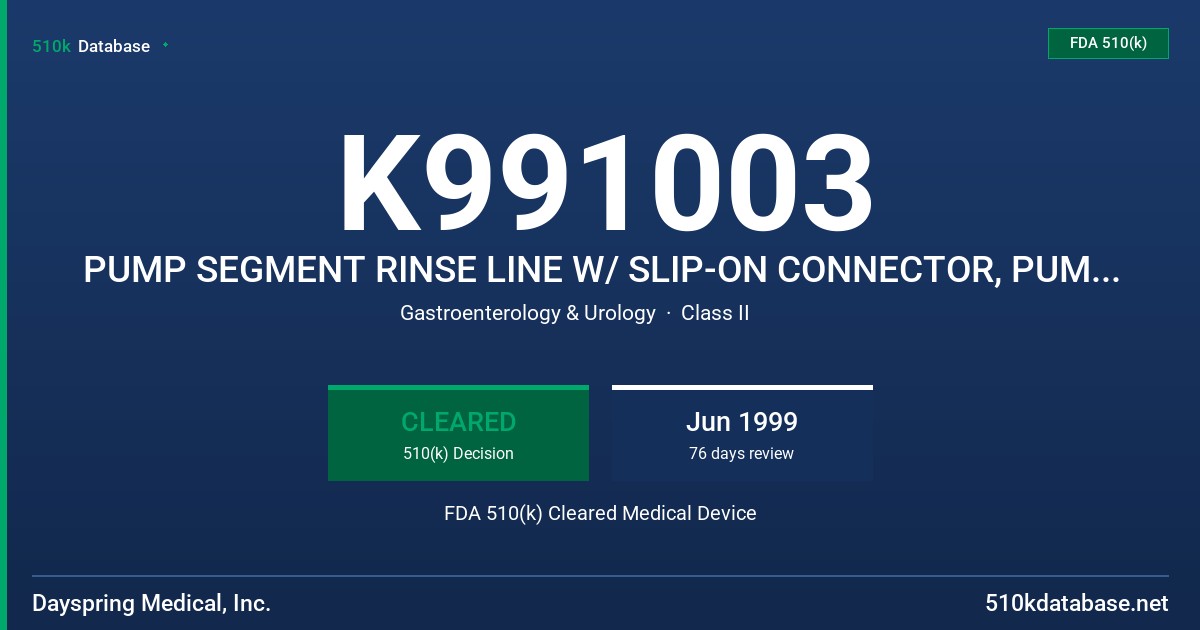 K991003 PUMP SEGMENT RINSE LINE W/ SLIP-ON CONNECTOR, PUMP SEGMENT RINSE LINE W/ LUER-LOCK CONNECTOR, T-CONNECTOR, SHORT, W/ SLI FDA 510(k) Cleared Medical Device