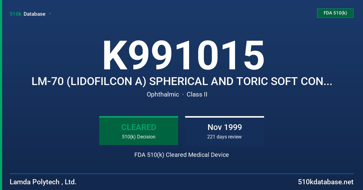K991015 LM-70 (LIDOFILCON A) SPHERICAL AND TORIC SOFT CONTACT LENS FOR DAILY WEAR (CLEAR, LATHE-CUT) FDA 510(k) Cleared Medical Device