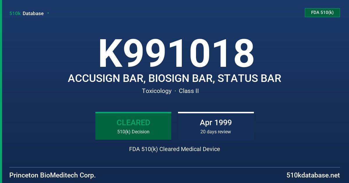 K991018 ACCUSIGN BAR, BIOSIGN BAR, STATUS BAR FDA 510(k) Cleared Medical Device