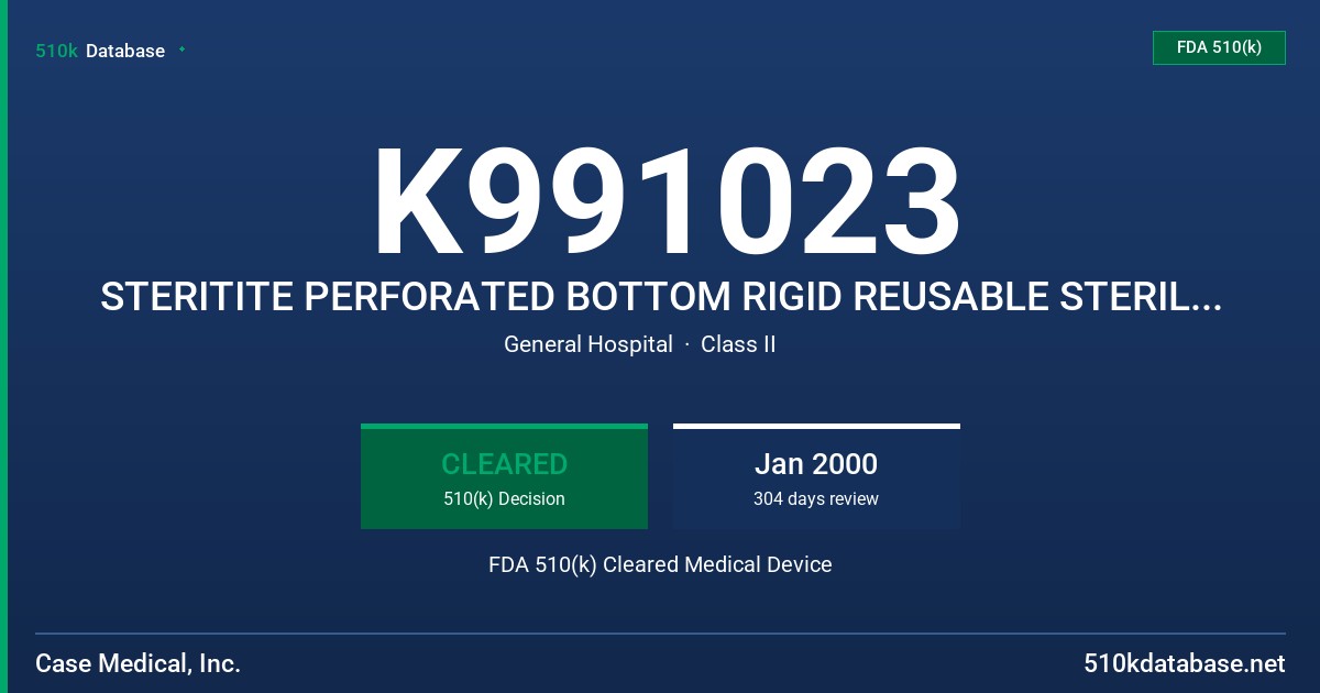 K991023 STERITITE PERFORATED BOTTOM RIGID REUSABLE STERILIZATION CONTAINER SYSTEM WITH SCF02 - POLYPROPYLENE NON-WOVEN DISPOSABL FDA 510(k) Cleared Medical Device