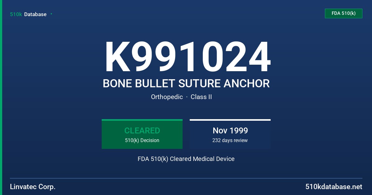 K991024 BONE BULLET SUTURE ANCHOR FDA 510(k) Cleared Medical Device