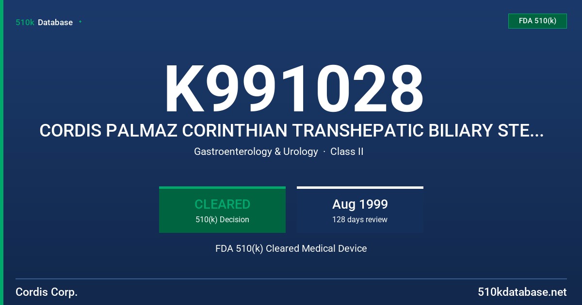 K991028 CORDIS PALMAZ CORINTHIAN TRANSHEPATIC BILIARY STENT AND ACCESSORIES FDA 510(k) Cleared Medical Device