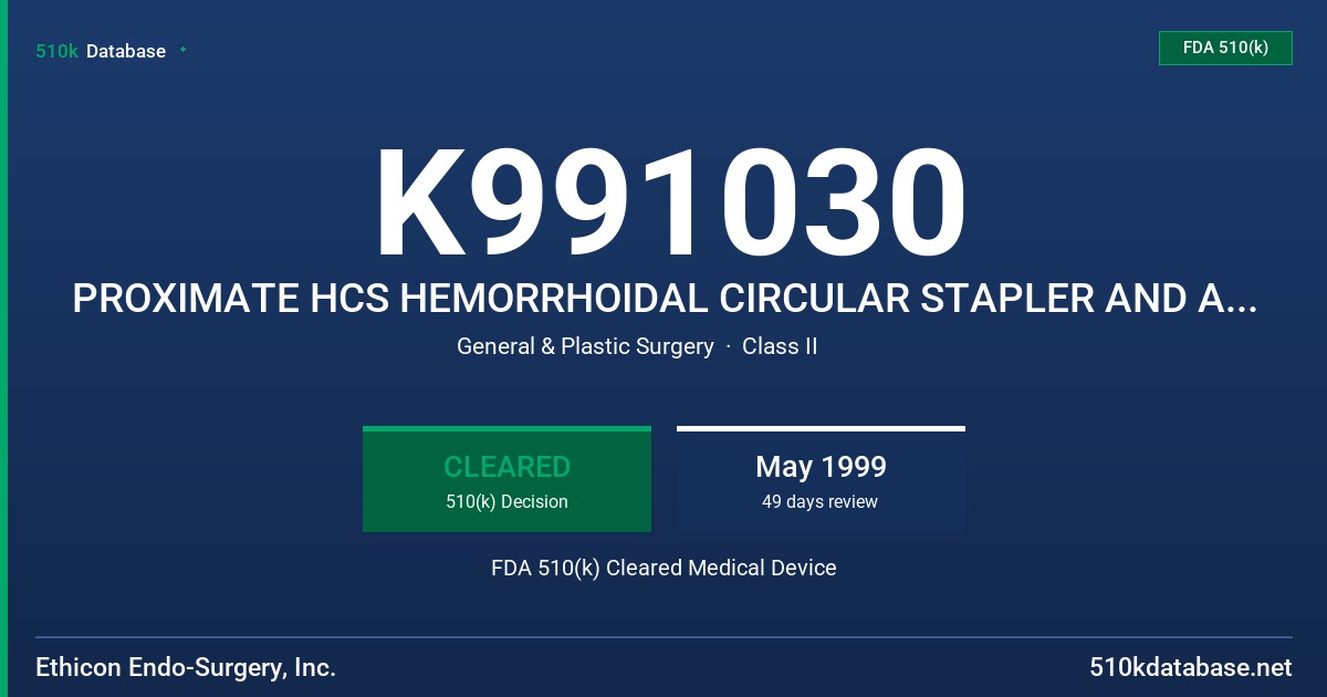K991030 PROXIMATE HCS HEMORRHOIDAL CIRCULAR STAPLER AND ACCESSORIES FDA 510(k) Cleared Medical Device