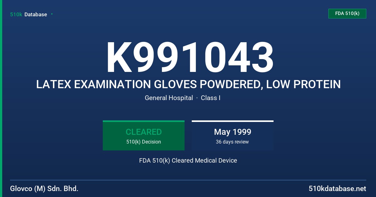 K991043 LATEX EXAMINATION GLOVES POWDERED, LOW PROTEIN FDA 510(k) Cleared Medical Device