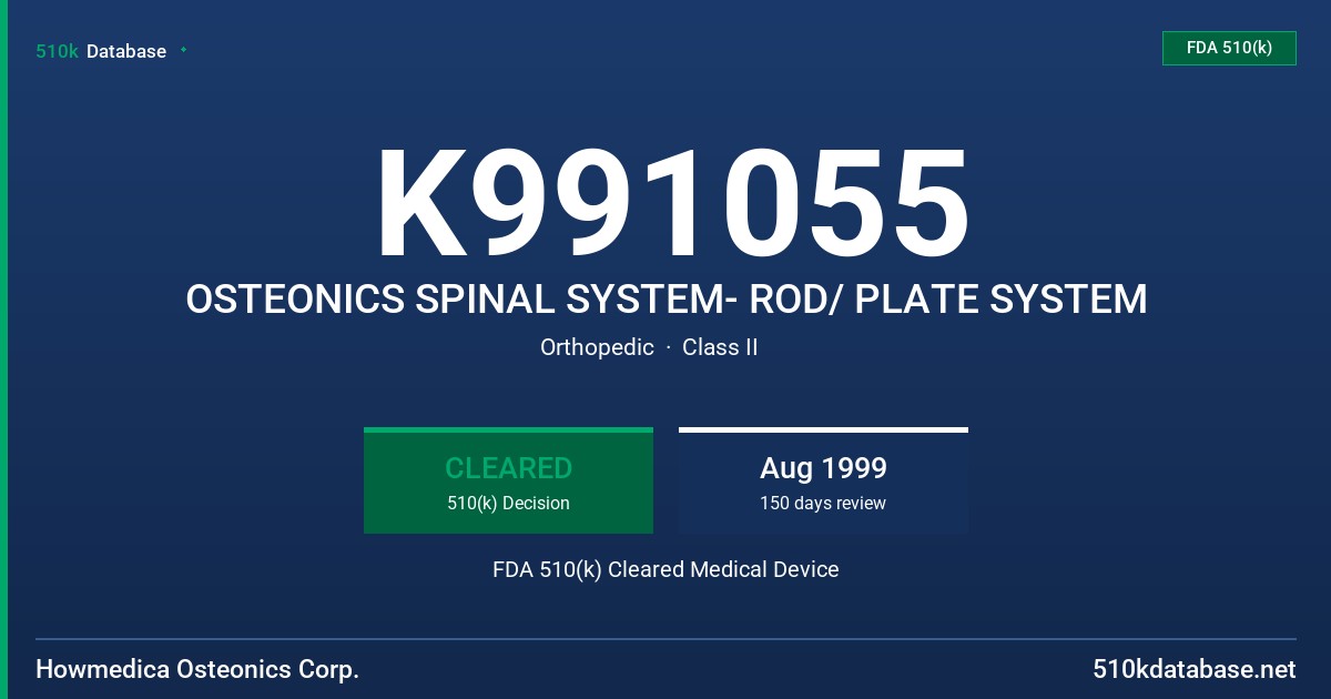 K991055 OSTEONICS SPINAL SYSTEM- ROD/ PLATE SYSTEM FDA 510(k) Cleared Medical Device