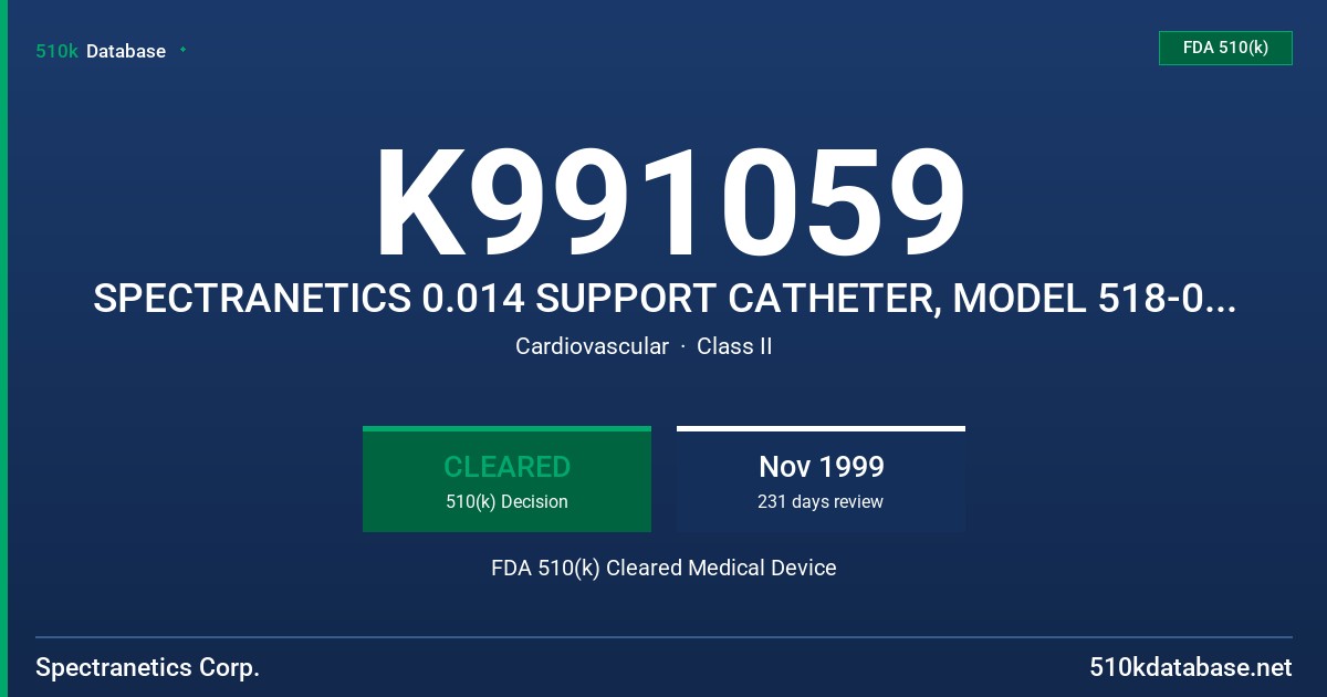 K991059 SPECTRANETICS 0.014 SUPPORT CATHETER, MODEL 518-016, SPECTRANETICS 0.018 SUPPORT CATHETER, MODEL 518-017 FDA 510(k) Cleared Medical Device