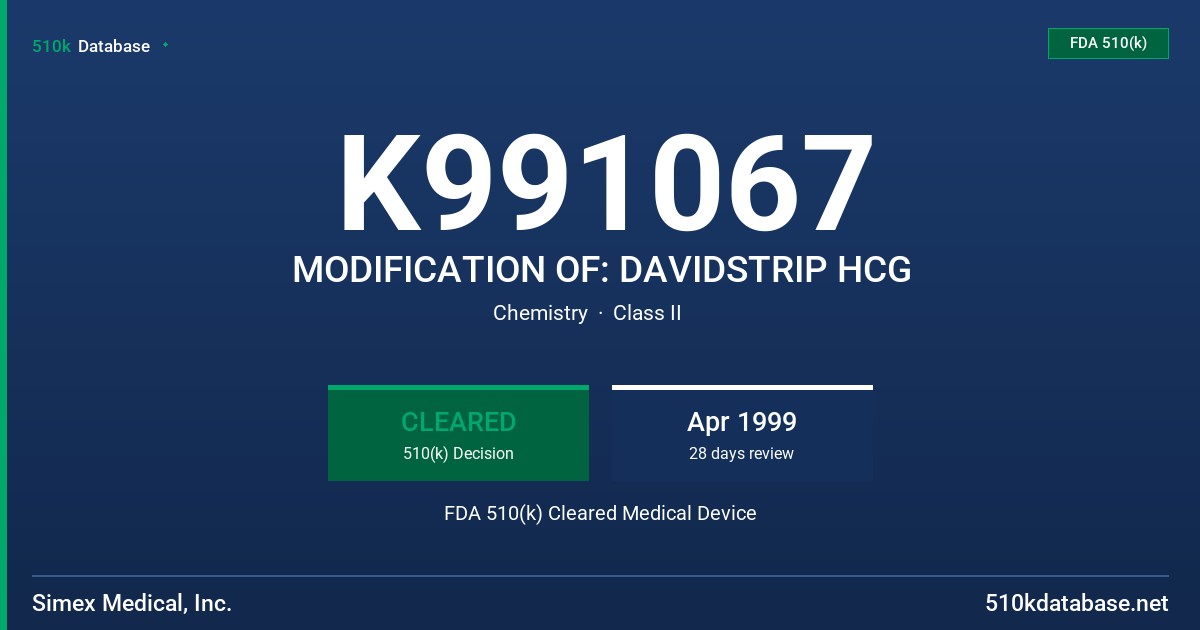 K991067 MODIFICATION OF: DAVIDSTRIP HCG FDA 510(k) Cleared Medical Device