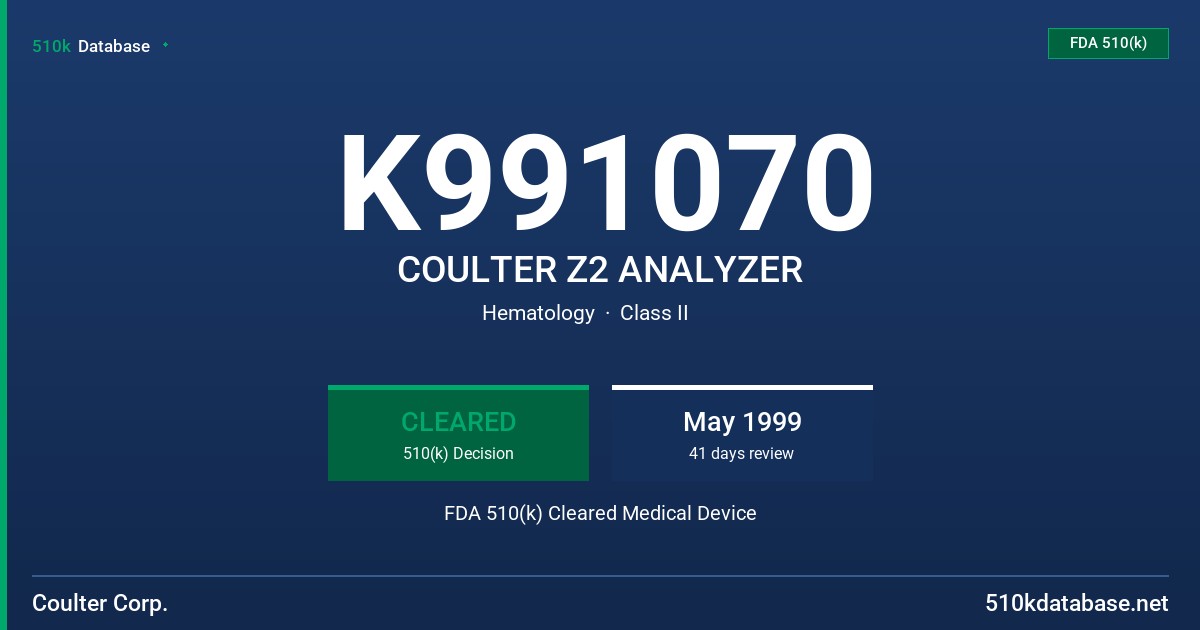 K991070 COULTER Z2 ANALYZER FDA 510(k) Cleared Medical Device