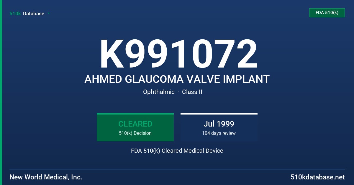 K991072 AHMED GLAUCOMA VALVE IMPLANT FDA 510(k) Cleared Medical Device