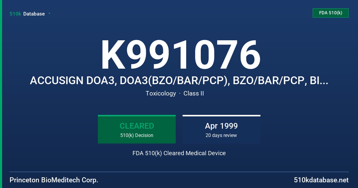K991076 ACCUSIGN DOA3, DOA3(BZO/BAR/PCP), BZO/BAR/PCP, BIOSIGN DOA3, DOA3(BZO/BAR/PCP), BZO/BAR/PCP FDA 510(k) Cleared Medical Device