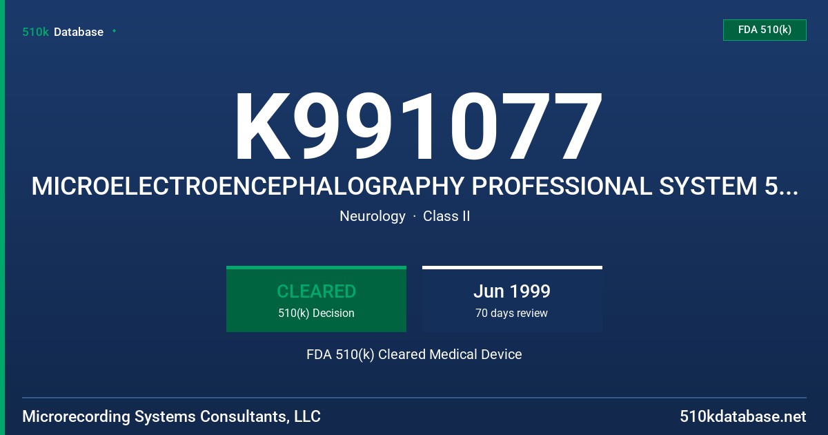 K991077 MICROELECTROENCEPHALOGRAPHY PROFESSIONAL SYSTEM 5000 (EEG PRO SYSTEM 5000) FDA 510(k) Cleared Medical Device