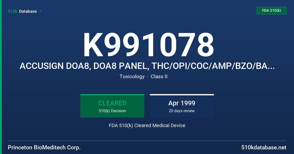 K991078 ACCUSIGN DOA8, DOA8 PANEL, THC/OPI/COC/AMP/BZO/BAR/TCA/PCP, BIOSIGN DOA8, THC/OPI/COC/AMP/BZO/BAR/TCA/PAP, STATUS DS DO8 FDA 510(k) Cleared Medical Device