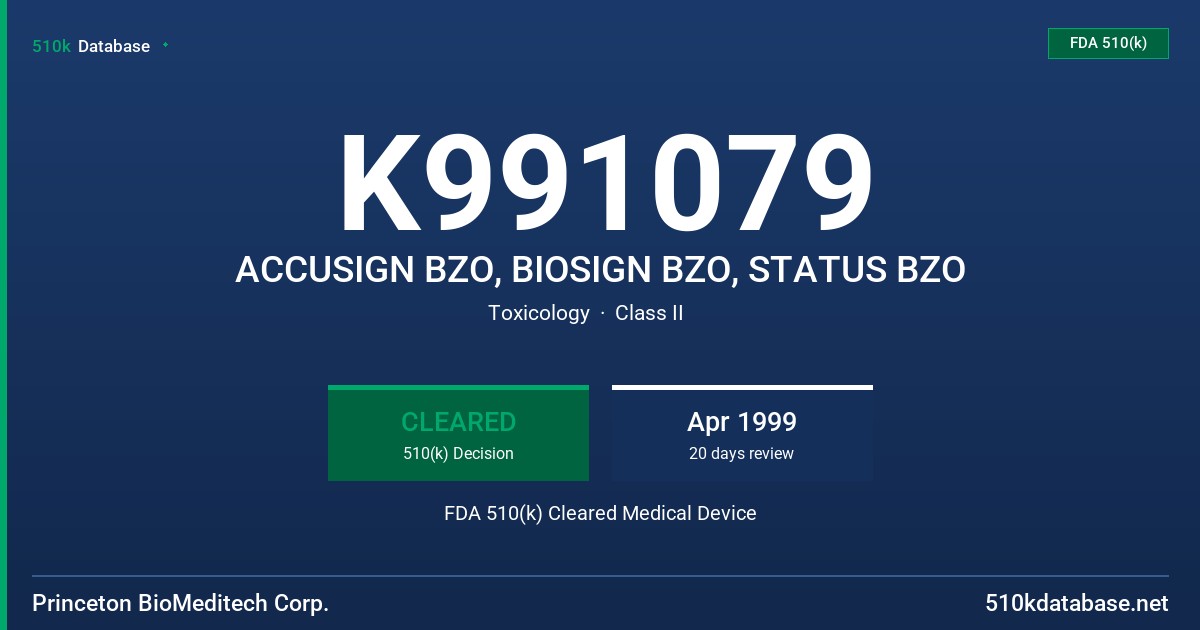 K991079 ACCUSIGN BZO, BIOSIGN BZO, STATUS BZO FDA 510(k) Cleared Medical Device