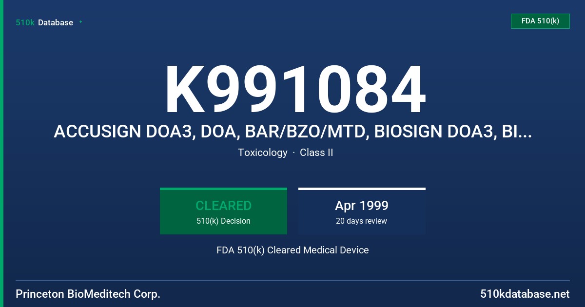 K991084 ACCUSIGN DOA3, DOA, BAR/BZO/MTD, BIOSIGN DOA3, BIOSIGN BAR/BZO/MTD FDA 510(k) Cleared Medical Device