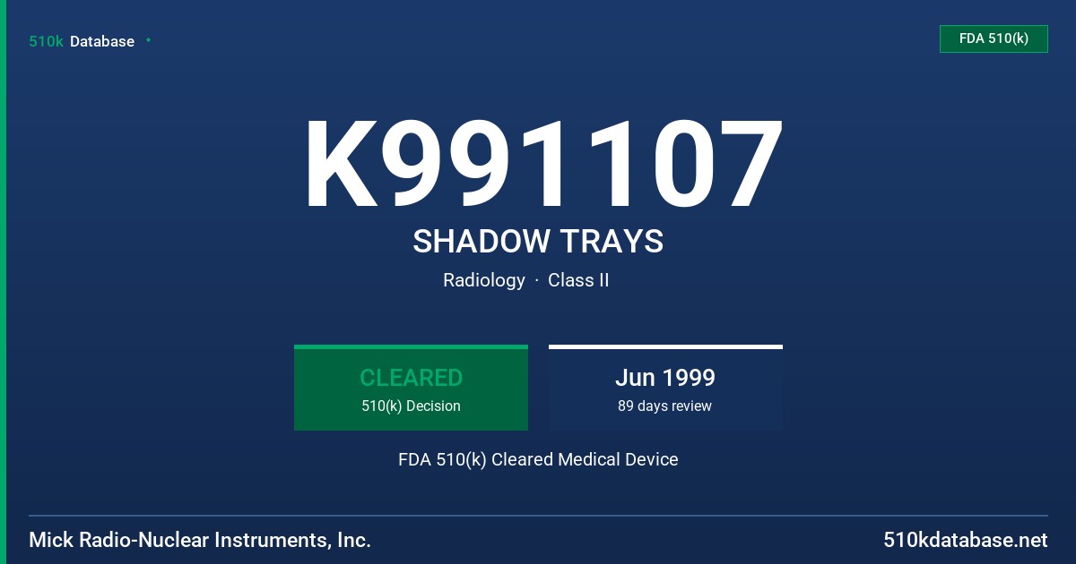 K991107 SHADOW TRAYS FDA 510(k) Cleared Medical Device