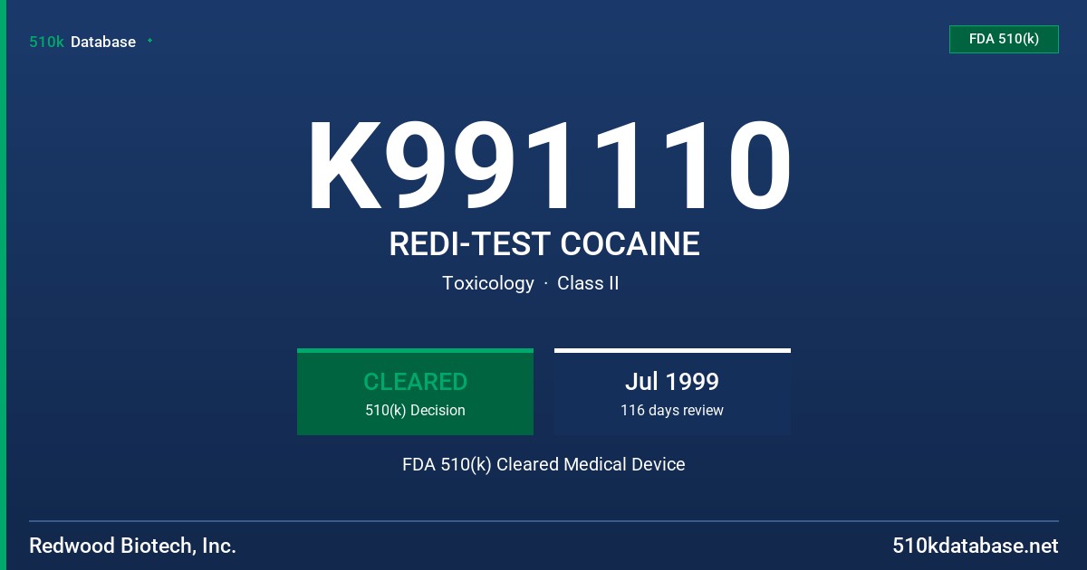 K991110 REDI-TEST COCAINE FDA 510(k) Cleared Medical Device