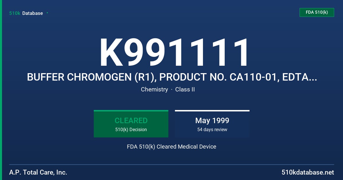 K991111 BUFFER CHROMOGEN (R1), PRODUCT NO. CA110-01, EDTA REAGEN (R2), PRODUCT NO. CA110-02 FDA 510(k) Cleared Medical Device