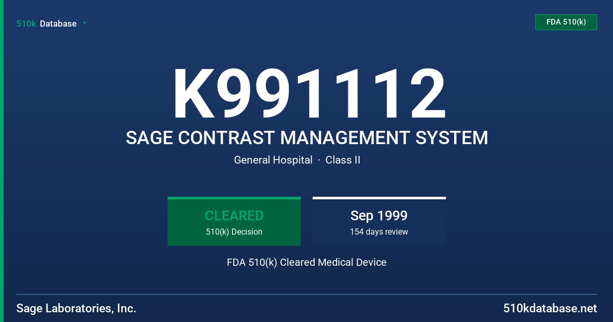K991112 SAGE CONTRAST MANAGEMENT SYSTEM FDA 510(k) Cleared Medical Device