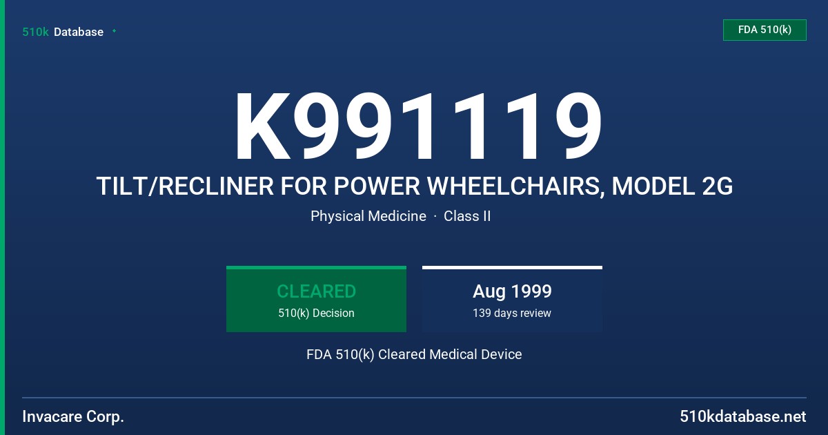 K991119 TILT/RECLINER FOR POWER WHEELCHAIRS, MODEL 2G FDA 510(k) Cleared Medical Device