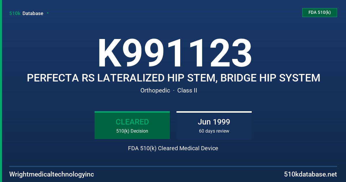 K991123 PERFECTA RS LATERALIZED HIP STEM, BRIDGE HIP SYSTEM FDA 510(k) Cleared Medical Device